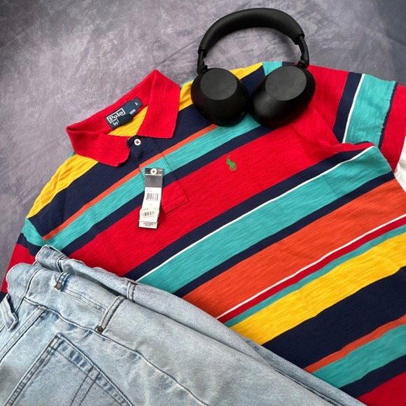 NWT Polo Ralph Lauren Mens Large Striped Polo Shirt Multi Color Y2K New 0460243 - Picture 8 of 8